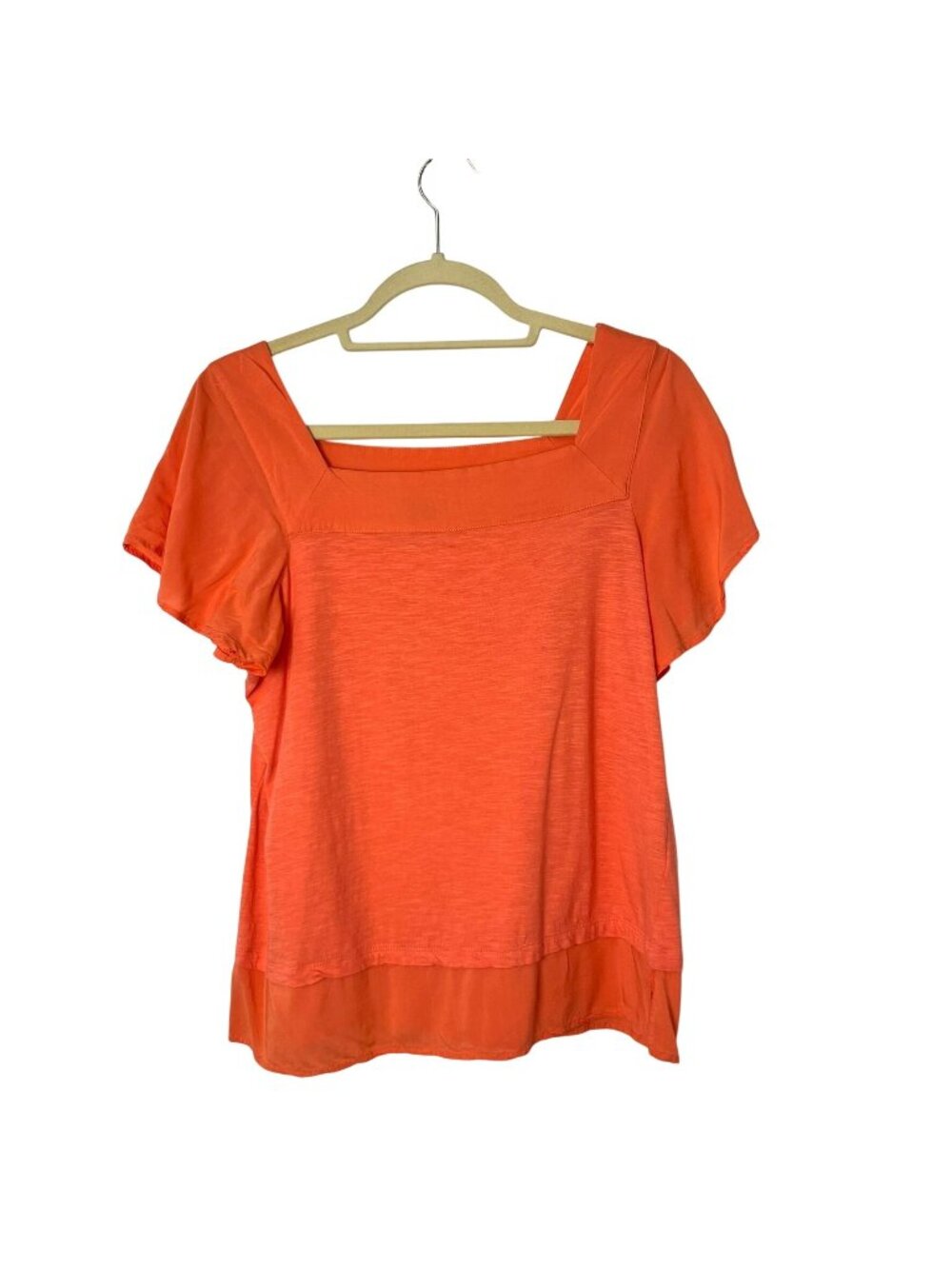Vince Camuto Top Womens M Coral Orange Square Neck Flutter Sleeve Sheer Hem Used